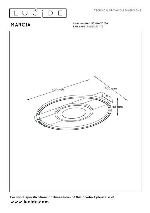 Lucide MARCIA - Lámpara de techo - LED 3 StepDim - 1x32W 2700K - Negro | Essential - técnico